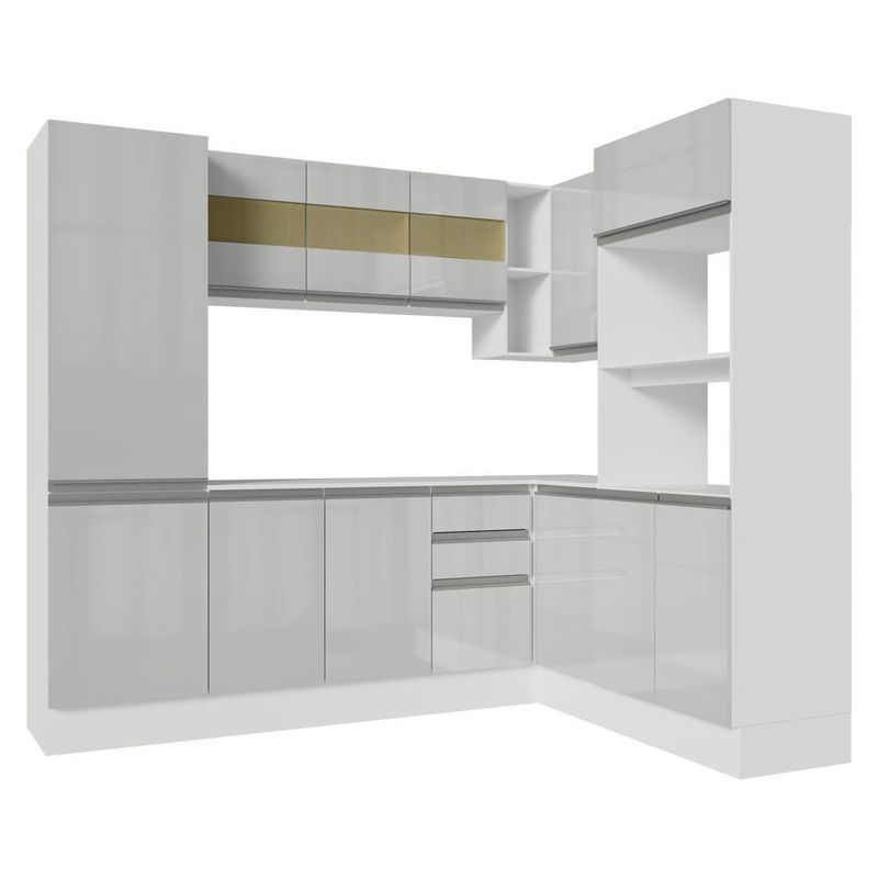 Armário de cozinha completa de canto 100% mdf 377cm smart branco brilhante madesa 01