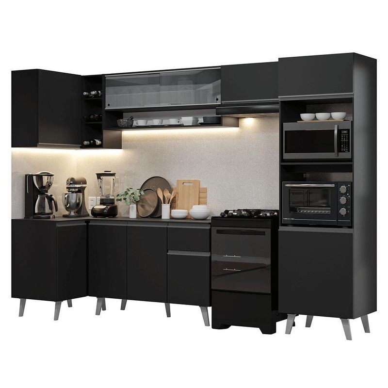 Armário de cozinha completa de canto 385 cm preto nice madesa 04