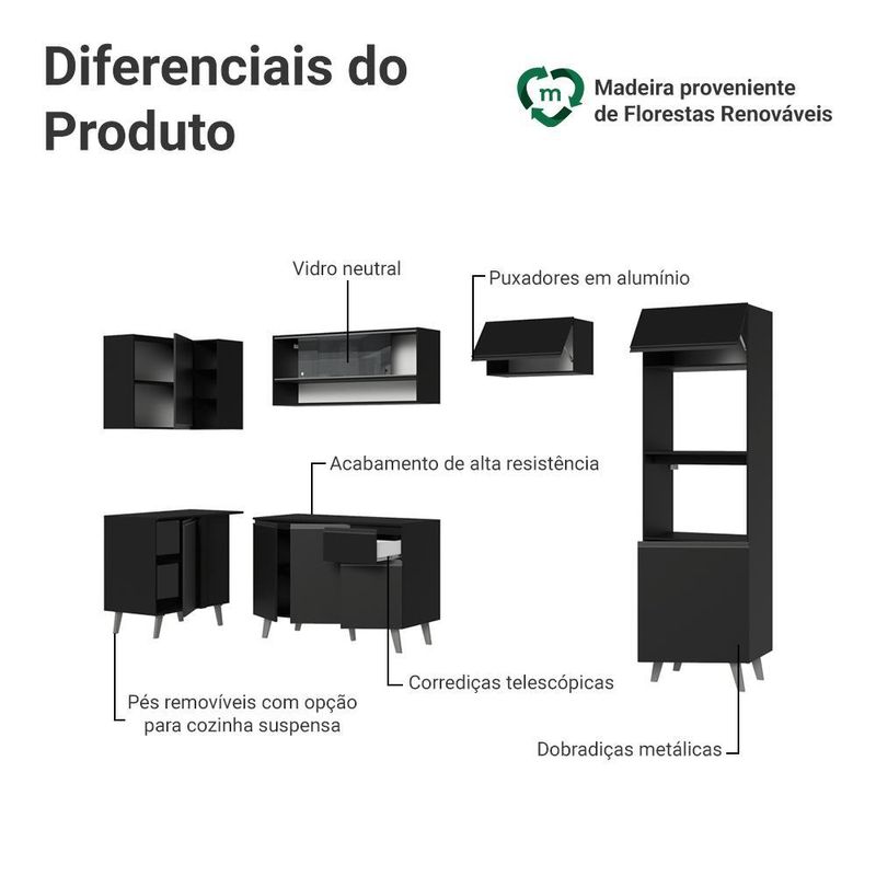 Armário de cozinha completa de canto 385 cm preto nice madesa 04