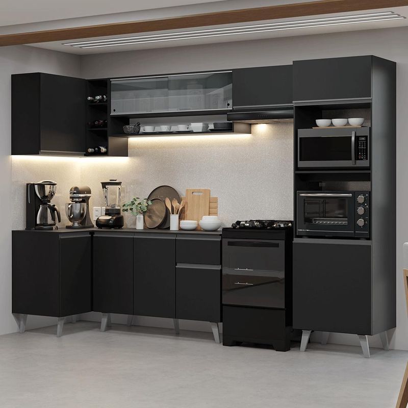 Armário de cozinha completa de canto 385 cm preto nice madesa 04