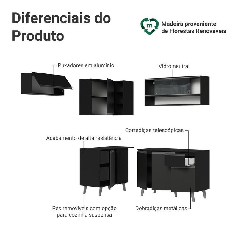 Armário de cozinha completa de canto 325 cm preto nice madesa 04