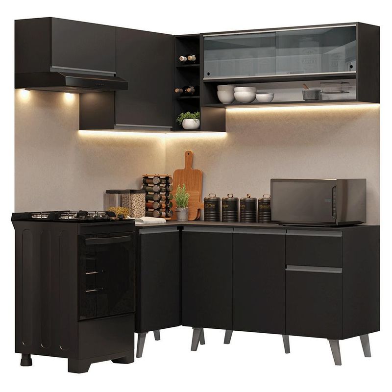 Armário de cozinha completa de canto 325 cm preto nice madesa 04