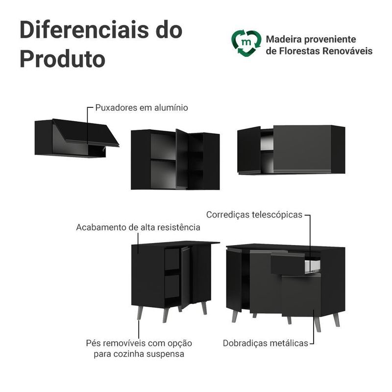 Armário de cozinha completa de canto 325 cm preto nice madesa 06