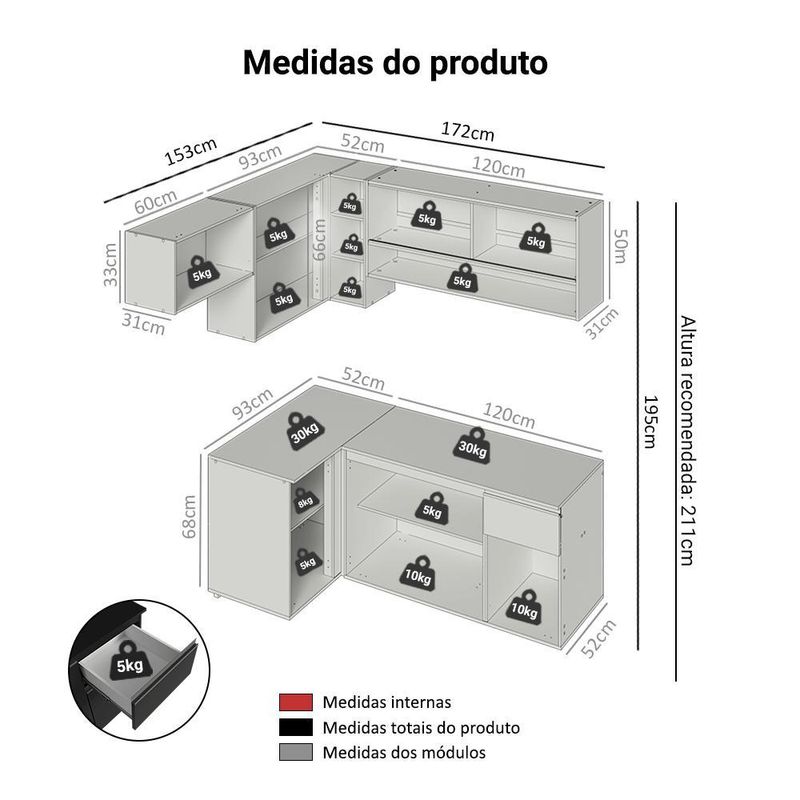 Armário de cozinha completa de canto suspenso 325 cm preto nice madesa 01