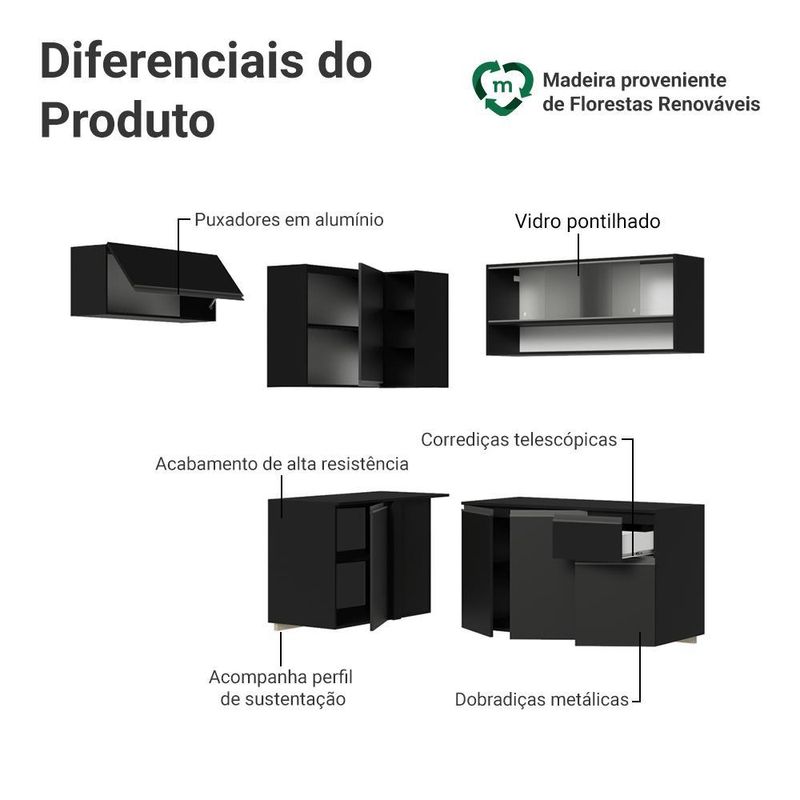 Armário de cozinha completa de canto suspenso 325 cm preto nice madesa 01