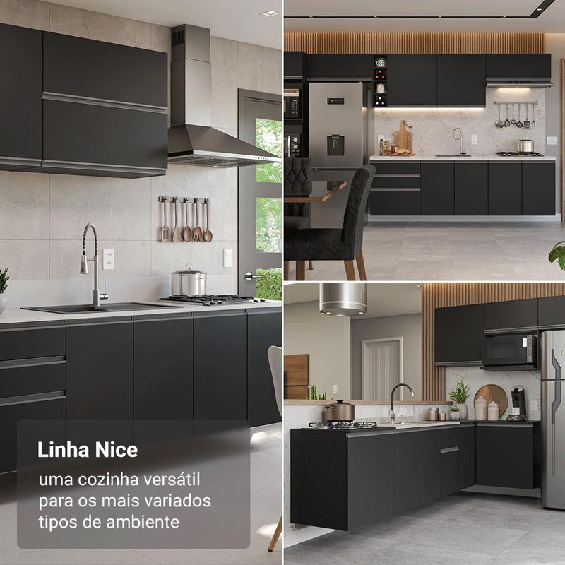 Armário de cozinha completa de canto suspenso 325 cm preto nice madesa 01