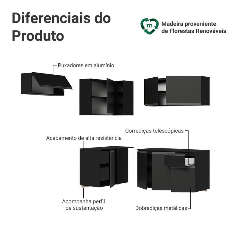 Armário de cozinha completa de canto suspenso 325 cm preto nice madesa 05