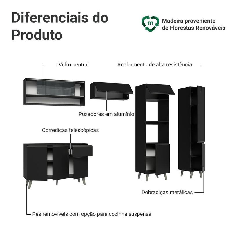 Armário de cozinha completa 300 cm preto nice madesa 09