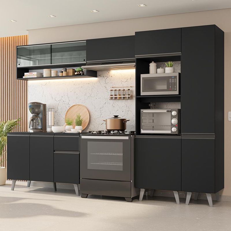 Armário de cozinha completa 300 cm preto nice madesa 09