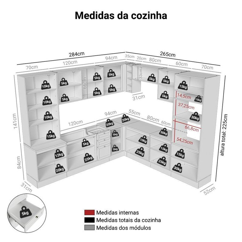 Armário de cozinha completa de canto 549 cm branco vik madesa 01
