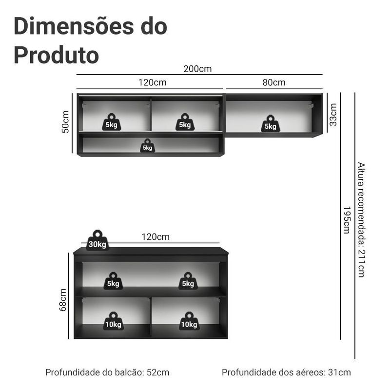 Armário de cozinha compacta 200 cm suspenso preto nice madesa 07 xa