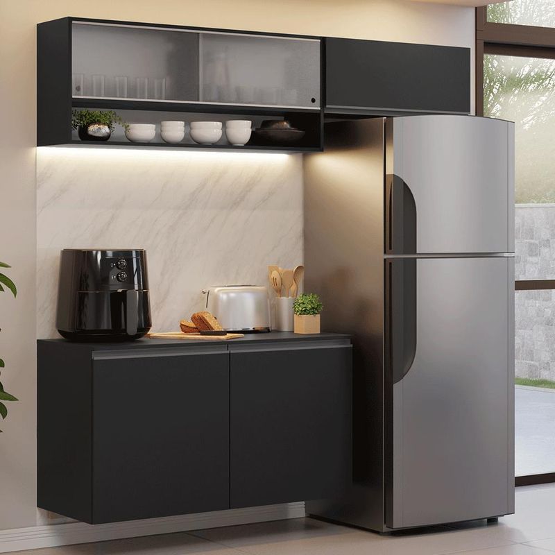 Armário de cozinha compacta 200 cm suspenso preto nice madesa 07 xa