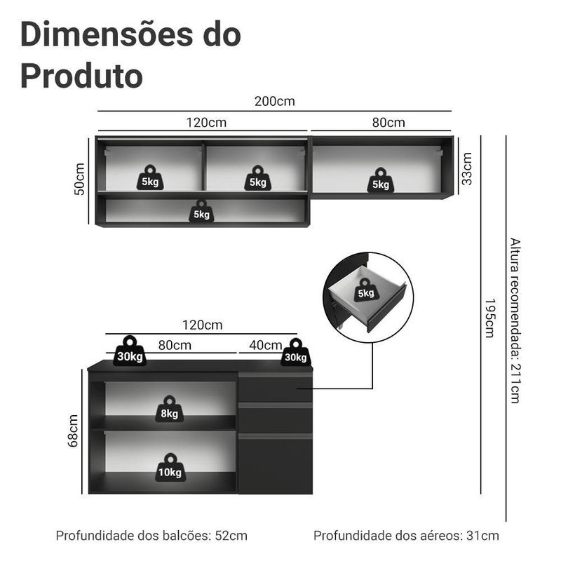 Armário de cozinha compacta 200 cm suspenso preto nice madesa 12 xa