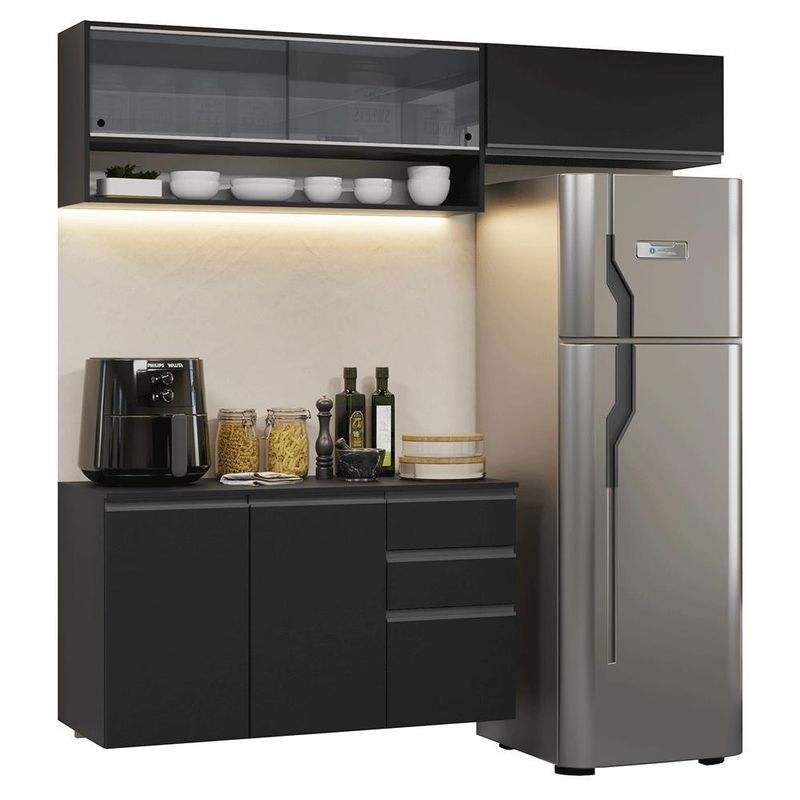Armário de cozinha compacta 200 cm suspenso preto nice madesa 12 xa
