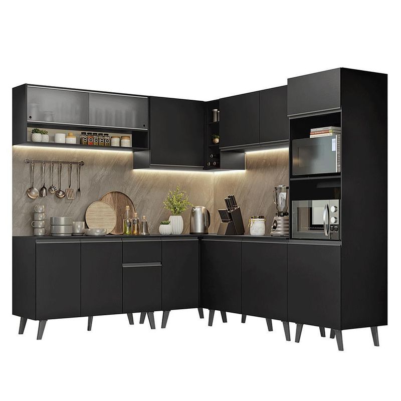 Armário de cozinha completa de canto 445 cm preto nice madesa 02
