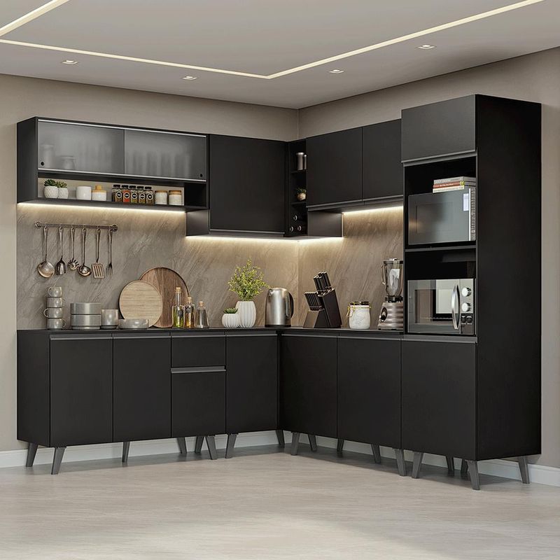 Armário de cozinha completa de canto 445 cm preto nice madesa 02
