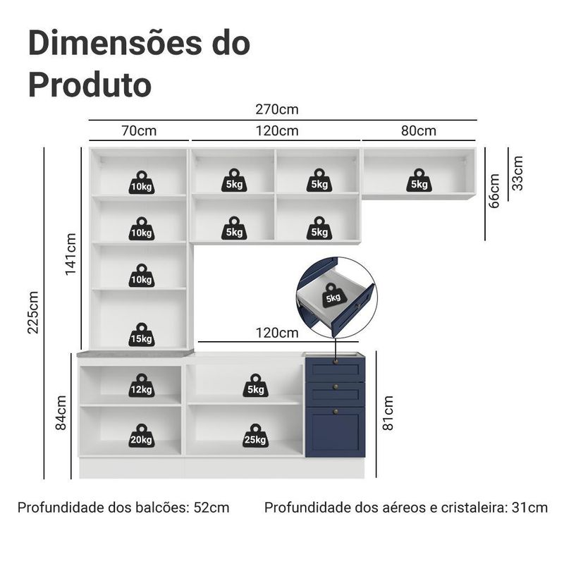 Armário de cozinha completa 270 cm branco vik madesa 05