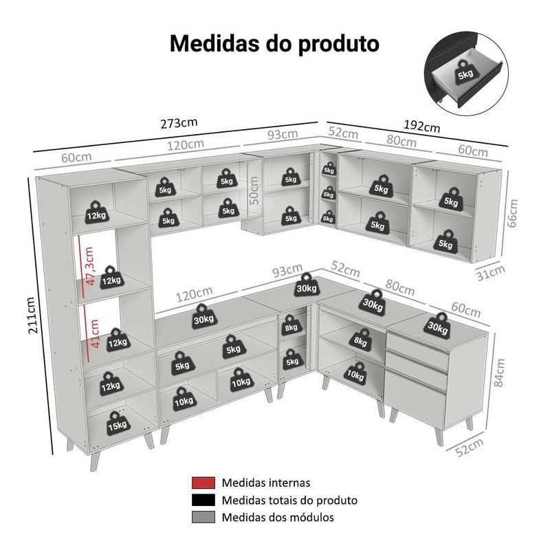 Armário de cozinha completa de canto 465 cm preto nice madesa 01