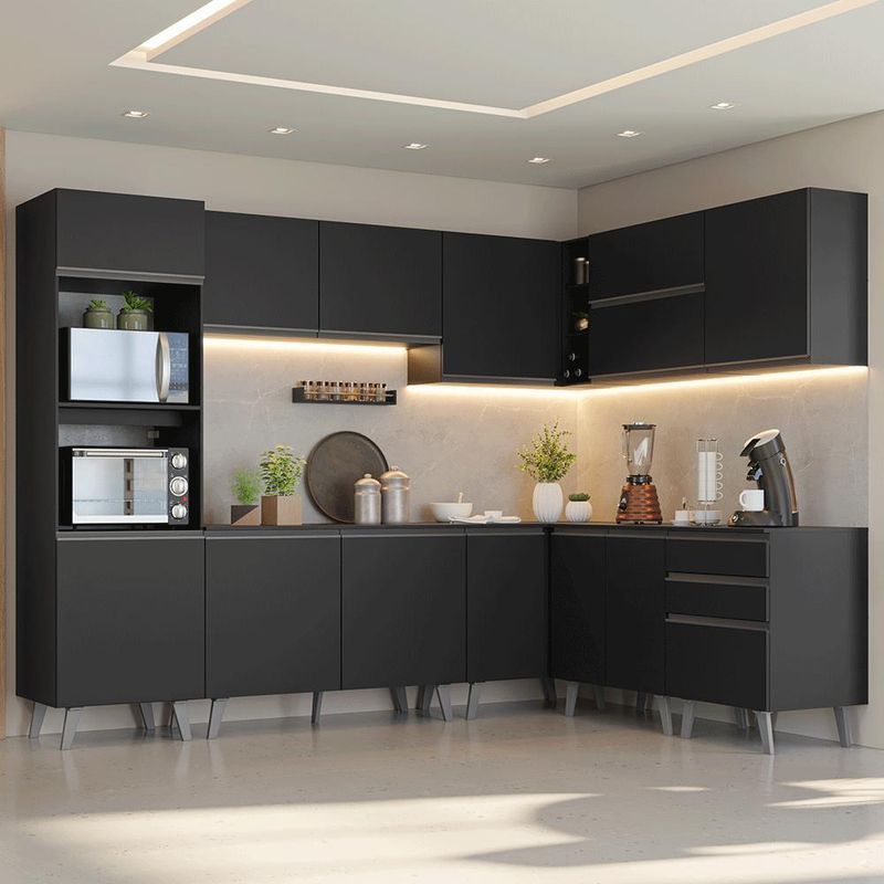 Armário de cozinha completa de canto 465 cm preto nice madesa 01