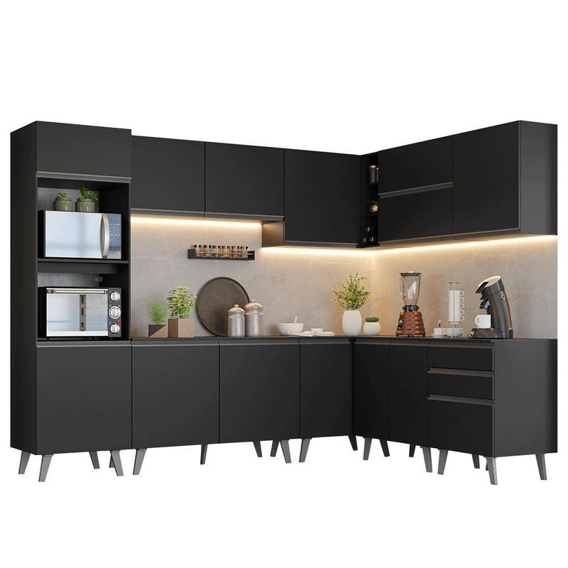 Armário de cozinha completa de canto 465 cm preto nice madesa 01