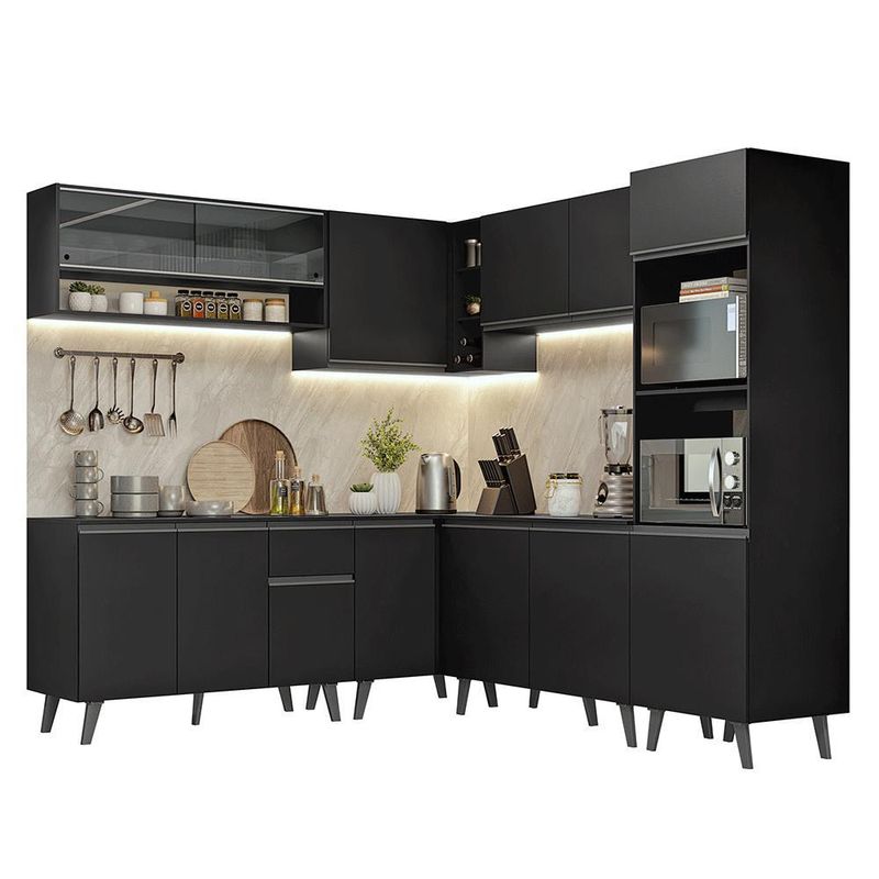 Armário de cozinha completa de canto 445 cm preto nice madesa 01