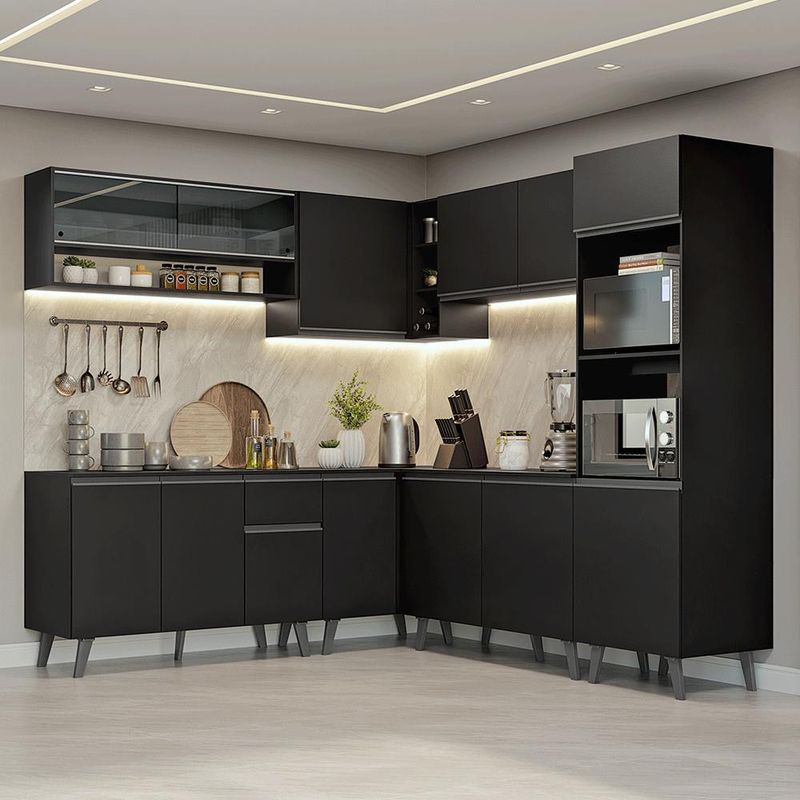 Armário de cozinha completa de canto 445 cm preto nice madesa 01