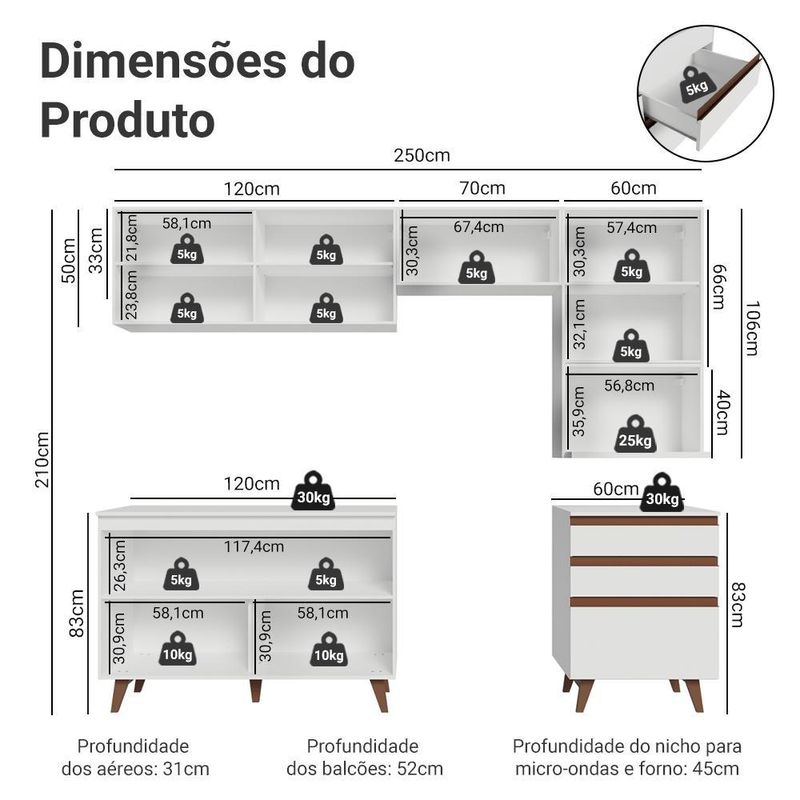 Armário de cozinha completa 250cm branco reims madesa 08