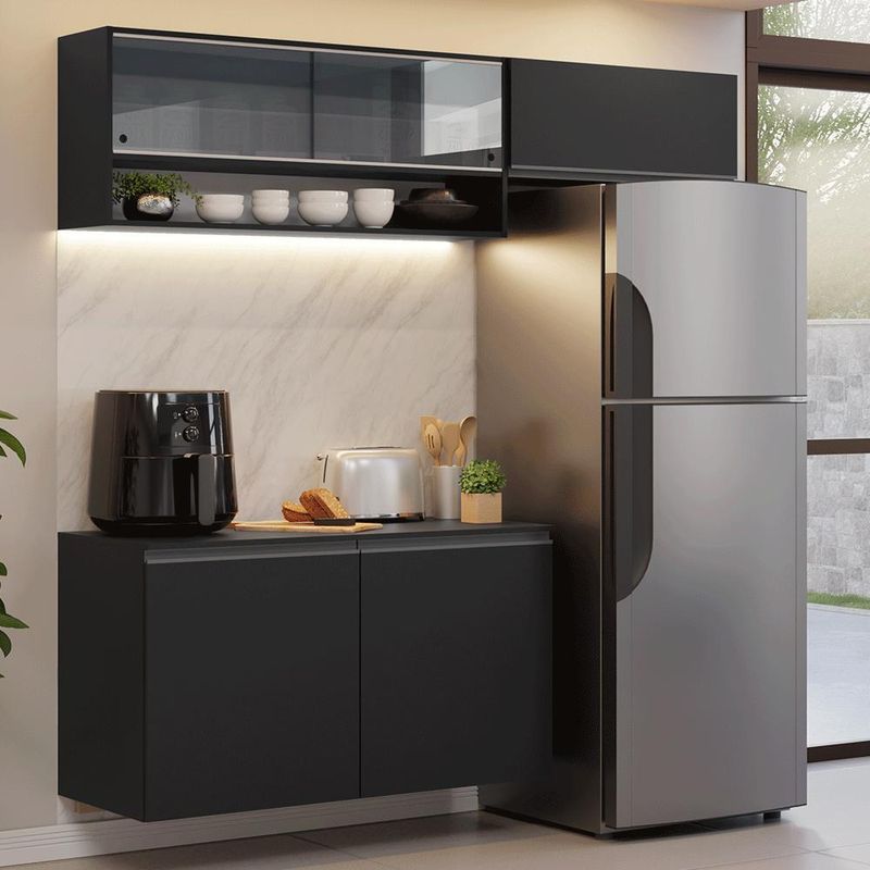 Armário de cozinha compacta 200 cm suspenso preto nice madesa 08 xa
