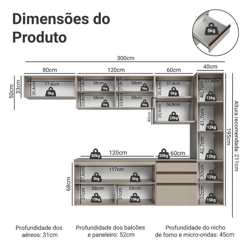 Armário de cozinha completa 300cm suspensa nice madesa 10