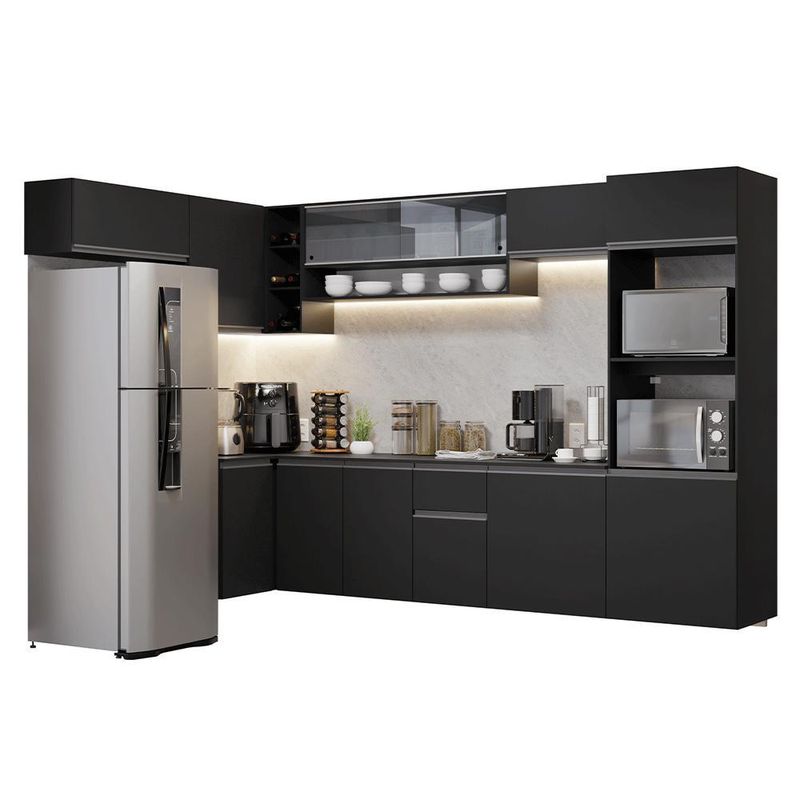 Armário de cozinha completa de canto suspenso 465 cm preto nice madesa 03