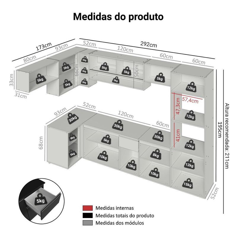 Armário de cozinha completa de canto suspenso 465 cm preto nice madesa 03