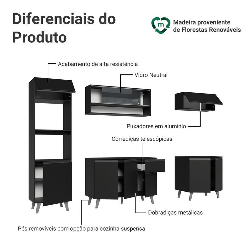 Armário de cozinha completa 260 cm preto nice madesa 01