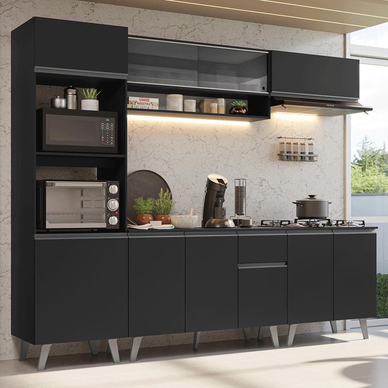 Armário de cozinha completa 260 cm preto nice madesa 01