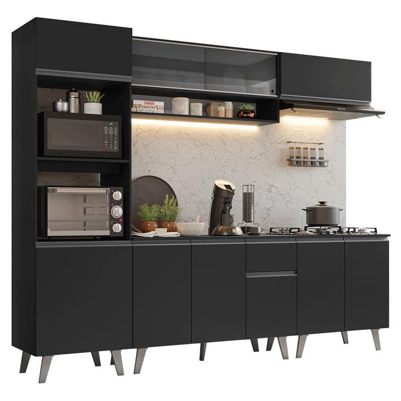 Armário de cozinha completa 260 cm preto nice madesa 01