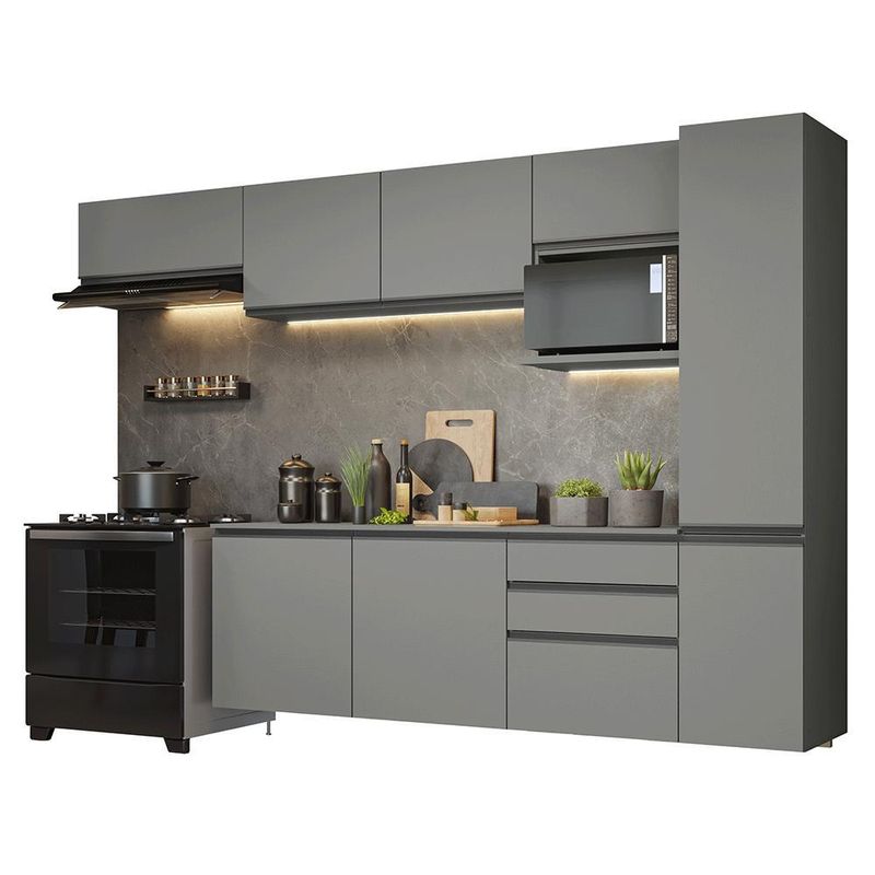 Armário de cozinha completa 300cm suspensa cinza nice madesa 10