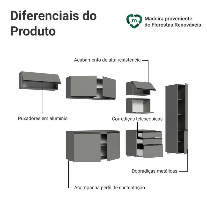 Armário de cozinha completa 300cm suspensa cinza nice madesa 10