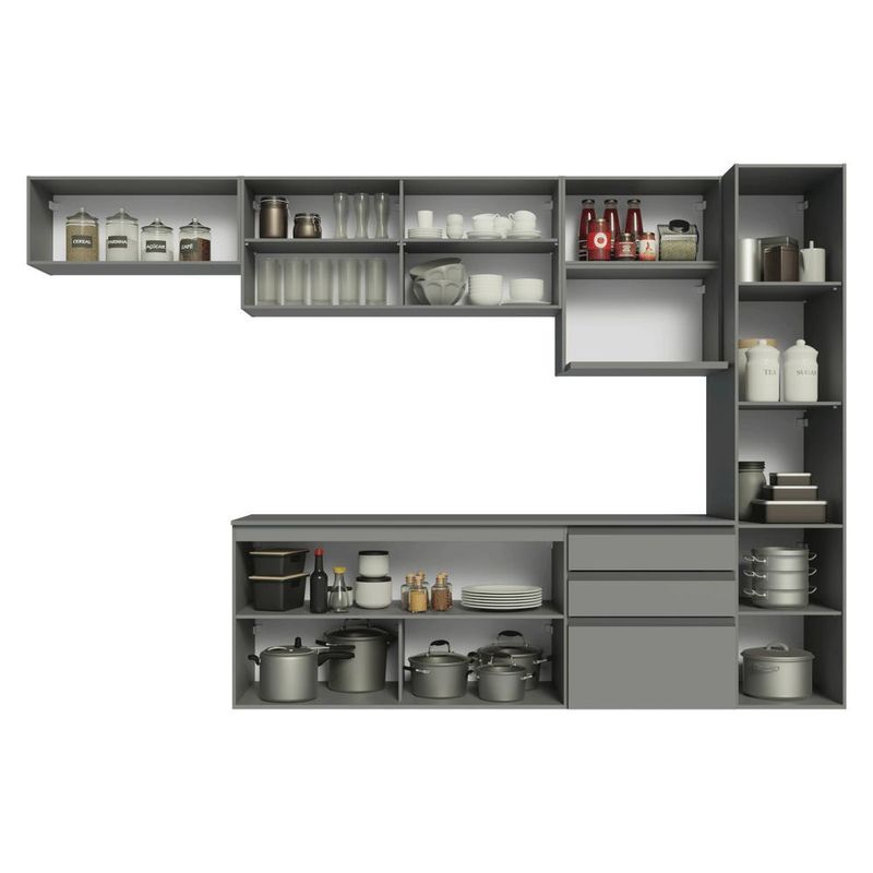 Armário de cozinha completa 300cm suspensa cinza nice madesa 10