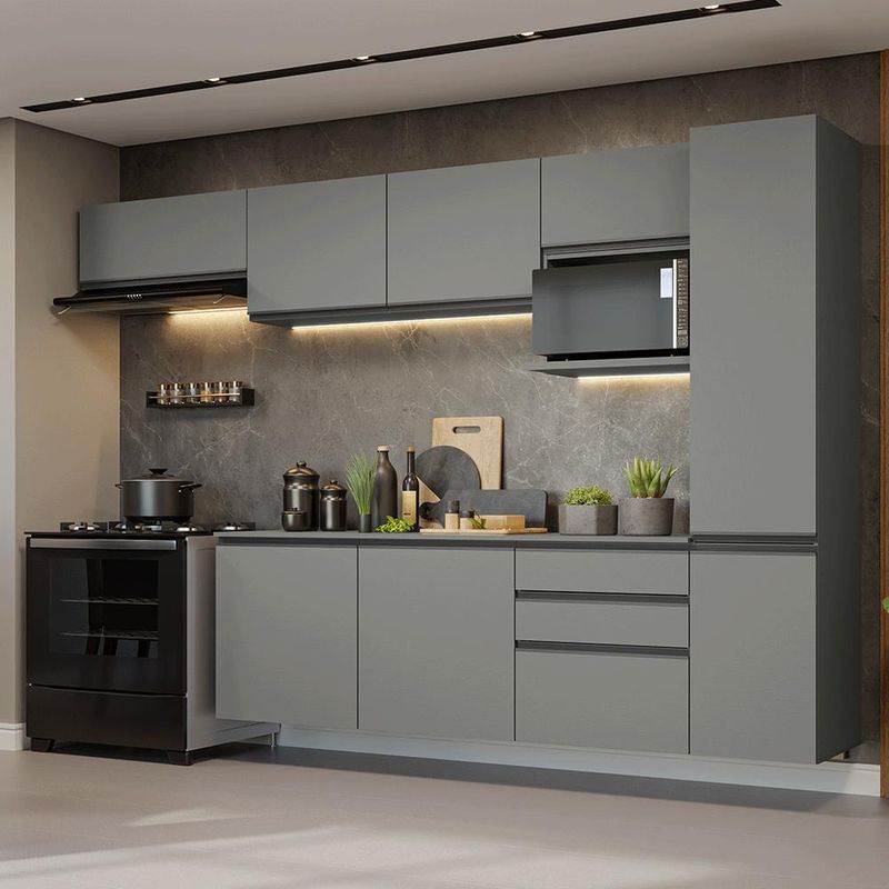 Armário de cozinha completa 300cm suspensa cinza nice madesa 10