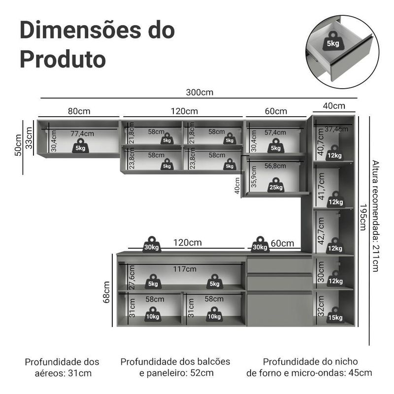 Armário de cozinha completa 300cm suspensa cinza nice madesa 10
