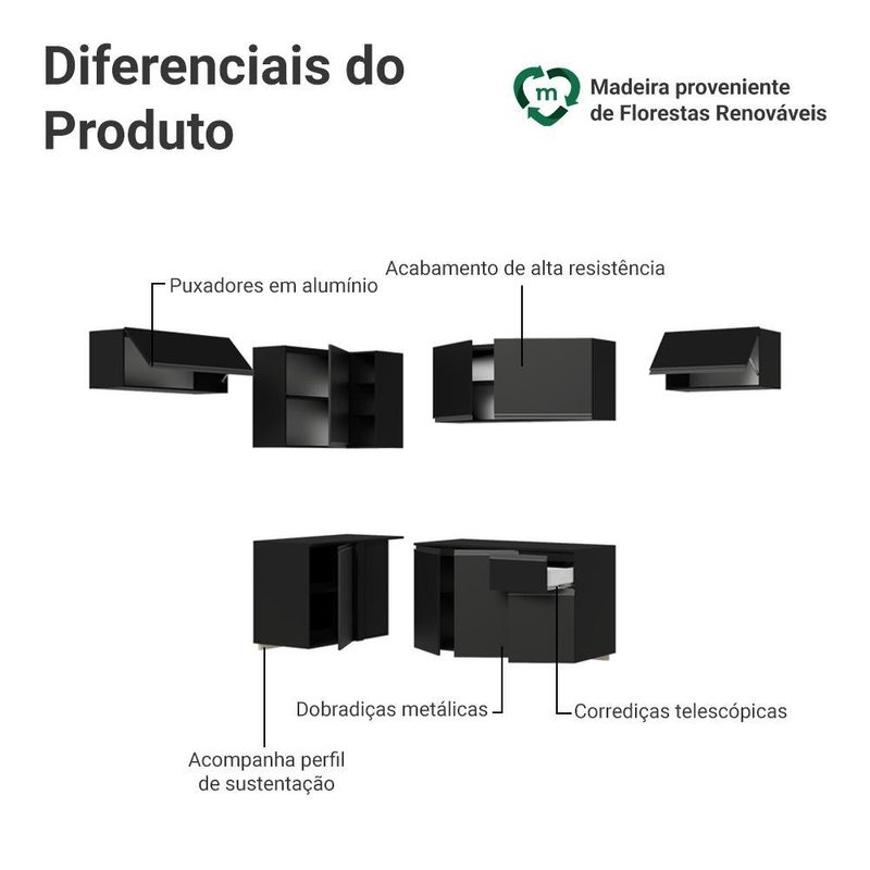 Armário de cozinha completa de canto suspenso 405 cm preto nice madesa 01