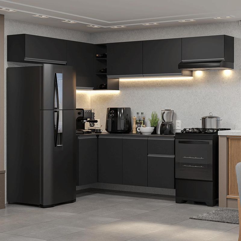 Armário de cozinha completa de canto suspenso 405 cm preto nice madesa 01