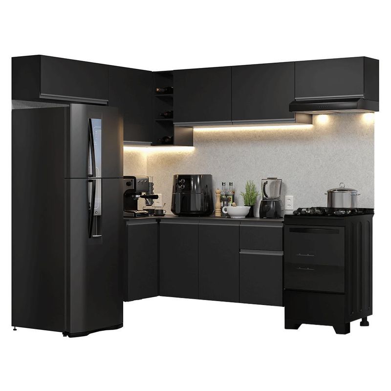 Armário de cozinha completa de canto suspenso 405 cm preto nice madesa 01
