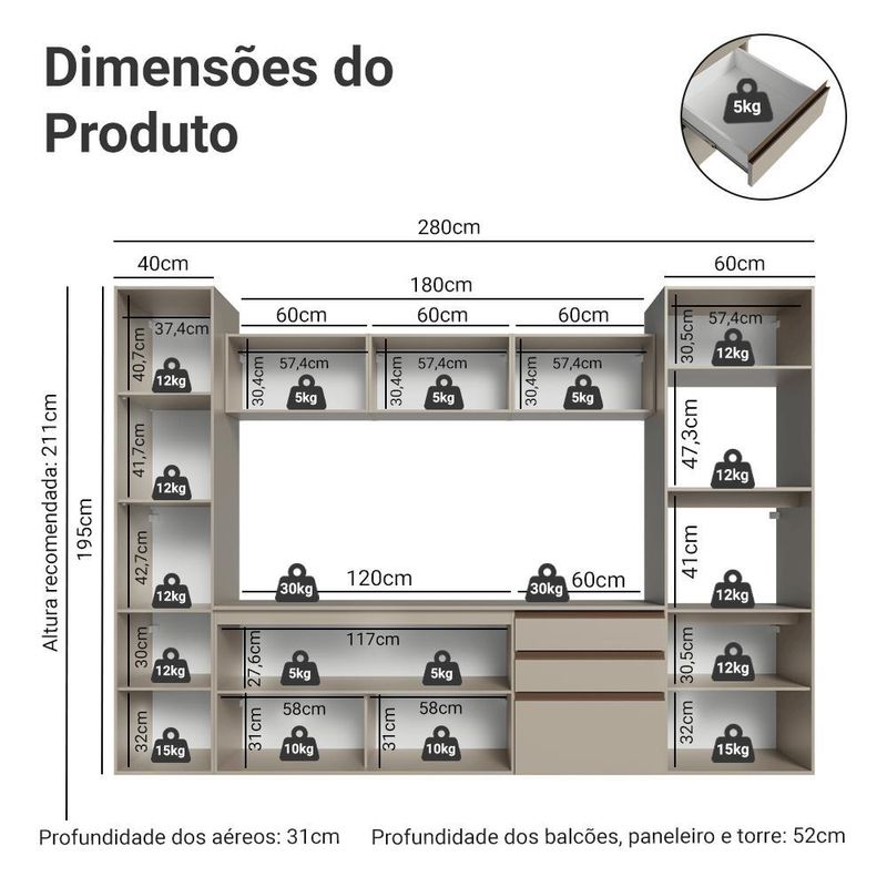 Armário de cozinha completa 280cm suspensa nice madesa 06