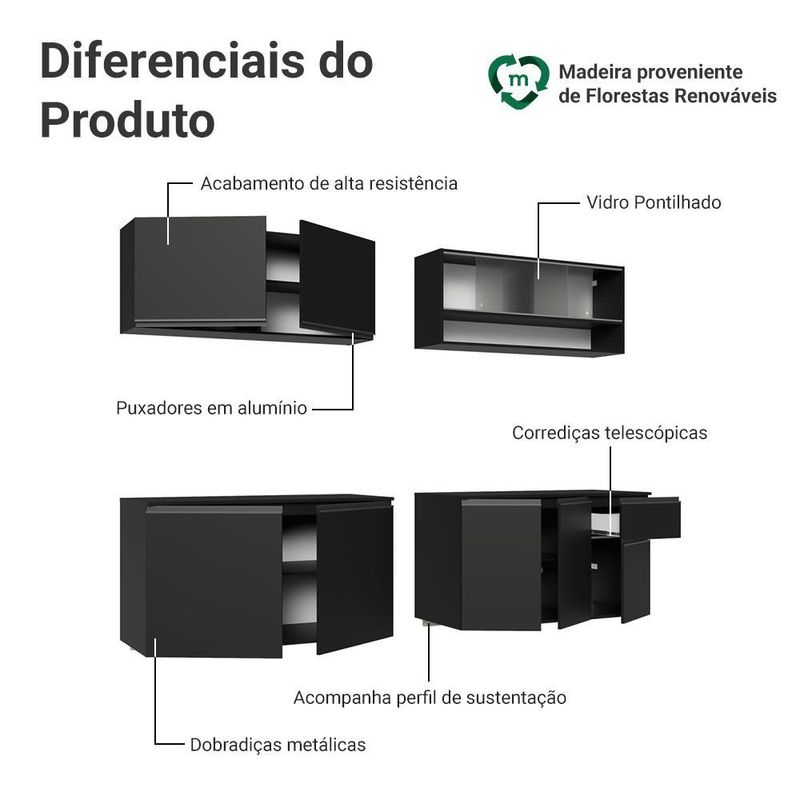 Armário de cozinha completa 260 cm suspenso preto nice madesa 04