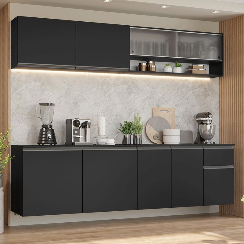 Armário de cozinha completa 260 cm suspenso preto nice madesa 04