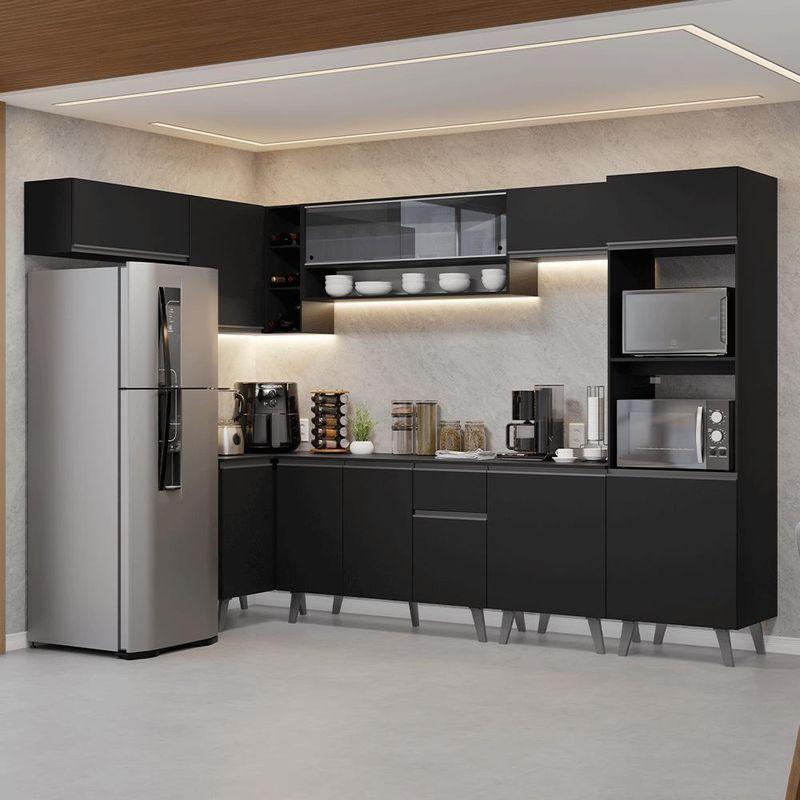 Armário de cozinha completa de canto 465 cm preto nice madesa 05