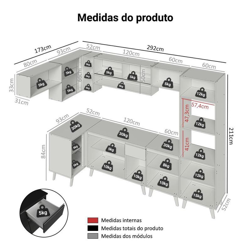 Armário de cozinha completa de canto 465 cm preto nice madesa 05