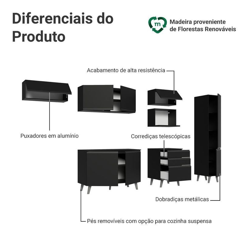 Armário de cozinha completa 300 cm preto nice madesa 05