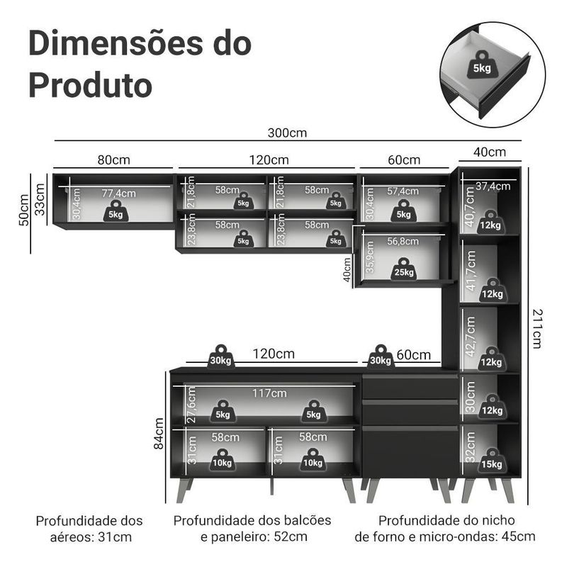 Armário de cozinha completa 300 cm preto nice madesa 05
