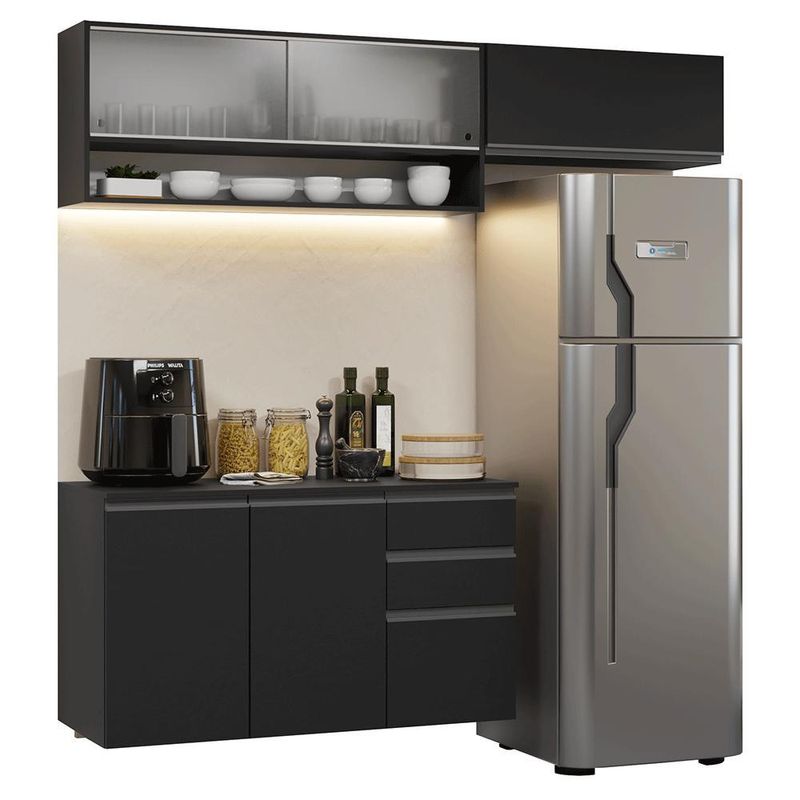 Armário de cozinha compacta 200 cm suspenso preto nice madesa 11 xa